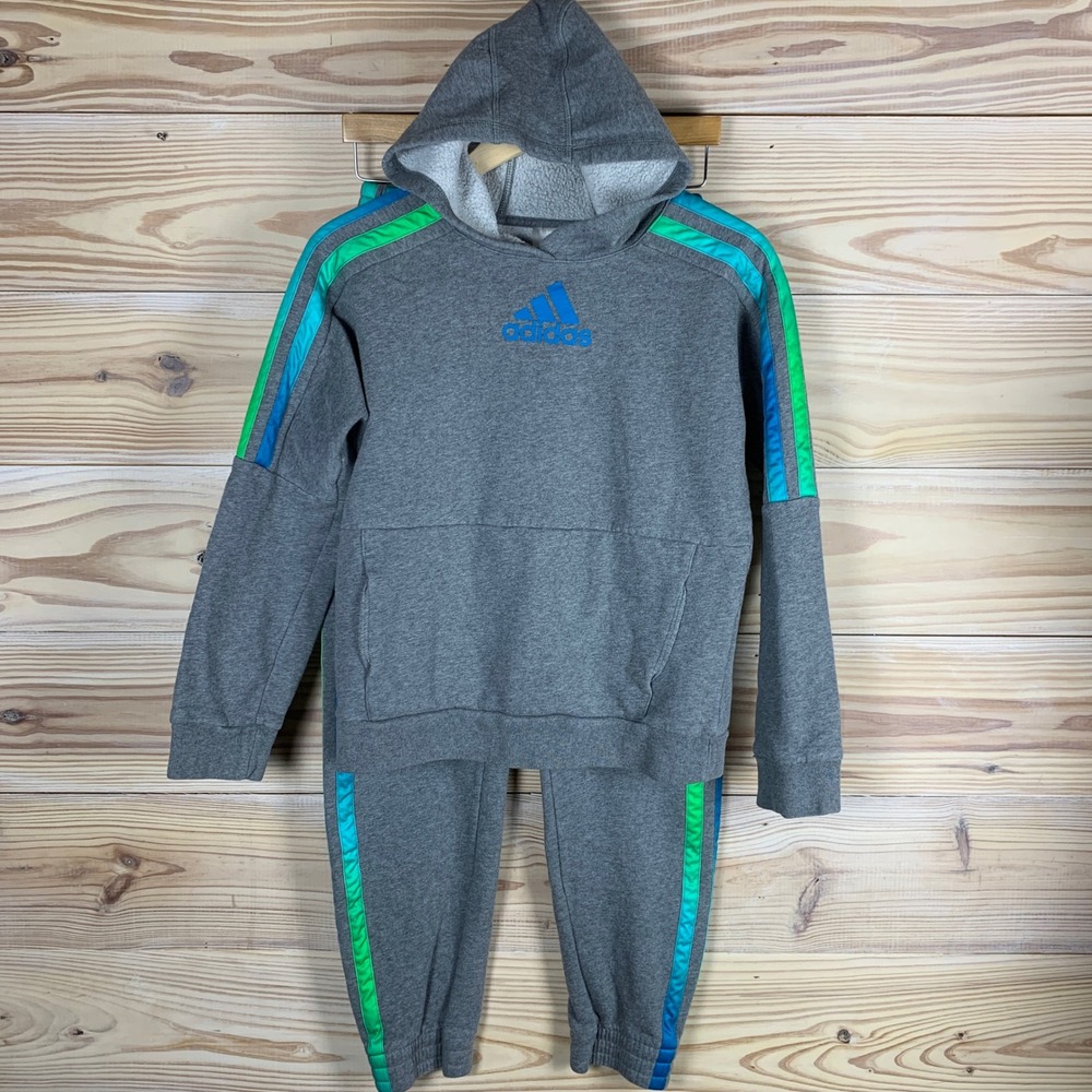 Adidas Tracksuit Sweats Kids 14/16 Gray Gradient Stripe Hoodie Jogger Set Active